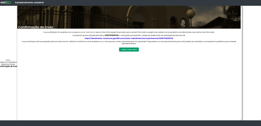 Confirmação de envio com número de protocolo