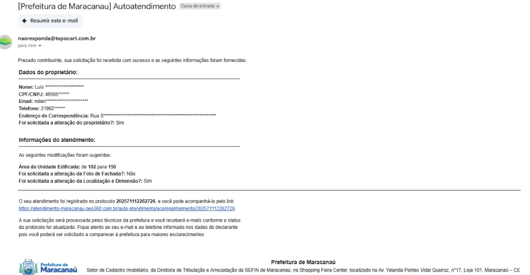 E-mail de confirmação enviado ao contribuinte