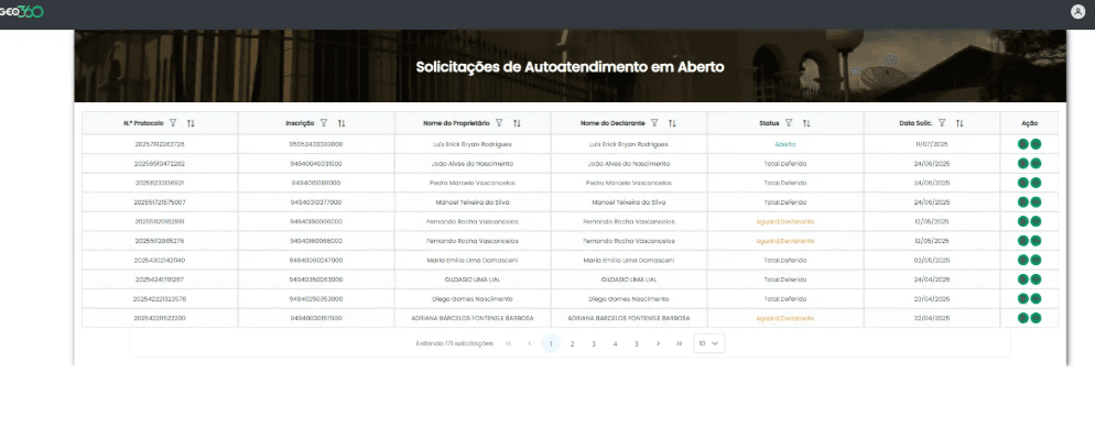 Listagem de protocolos de autoatendimento para o analista