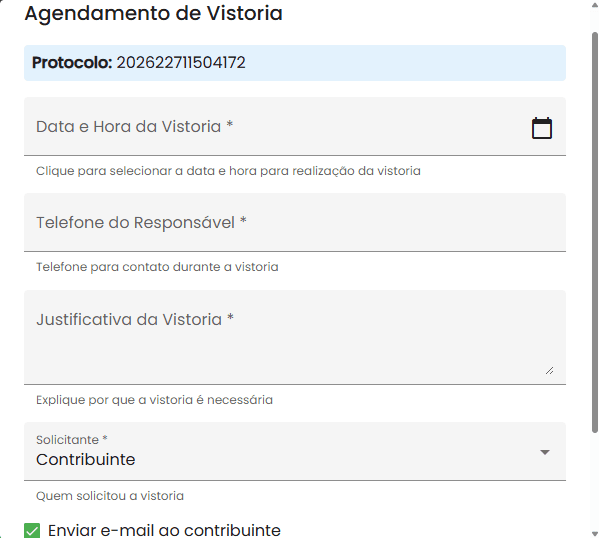 Agendamento de vistoria solicitada pela prefeitura