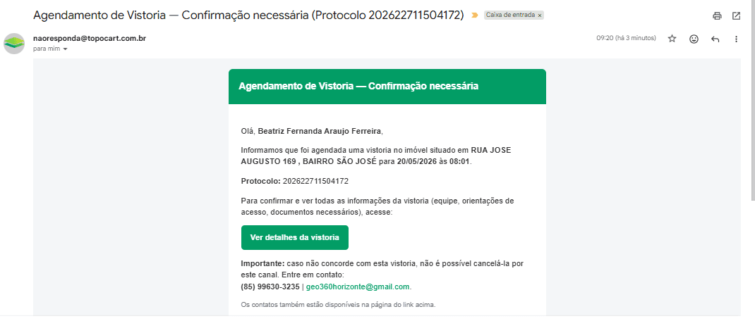 E-mail de agendamento enviado ao contribuinte