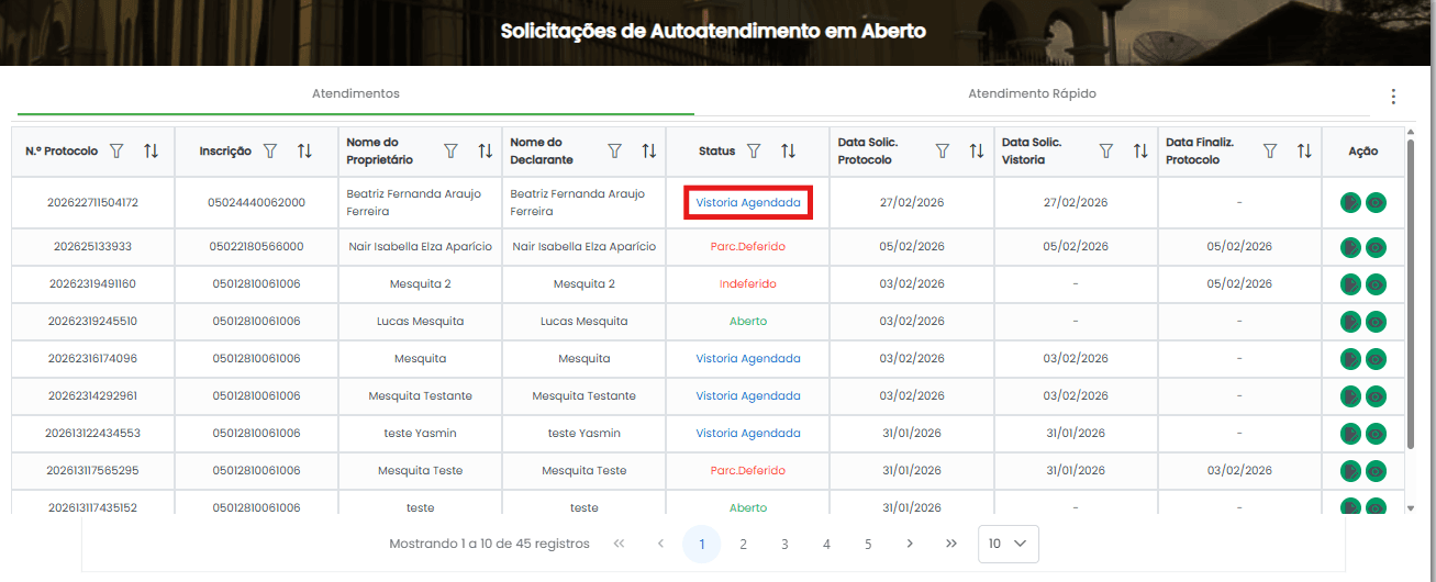 Acompanhamento do status do agendamento de vistoria